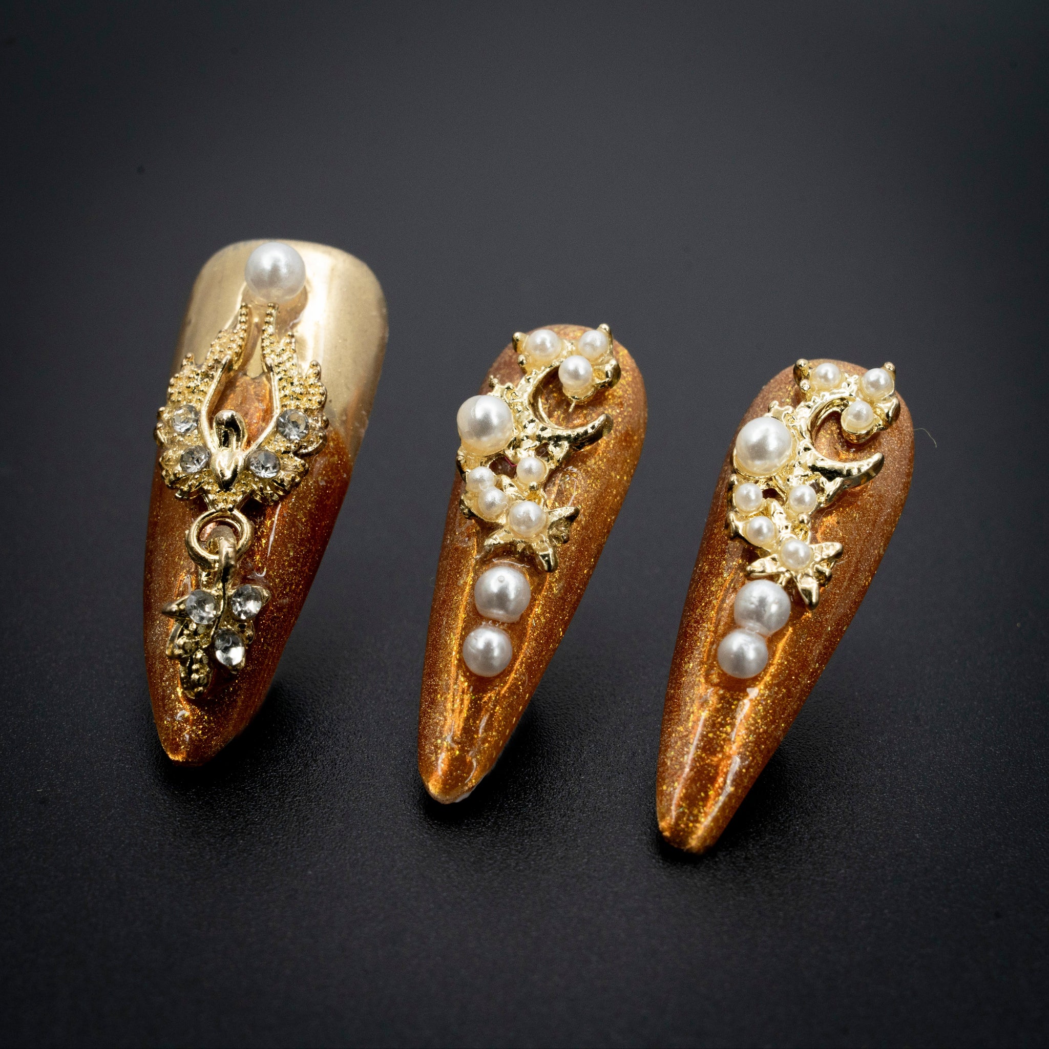 "Imperial Ode" Luxury Gold Vintage Pearl Jeweled Press-On Nails - Stiletto Nails