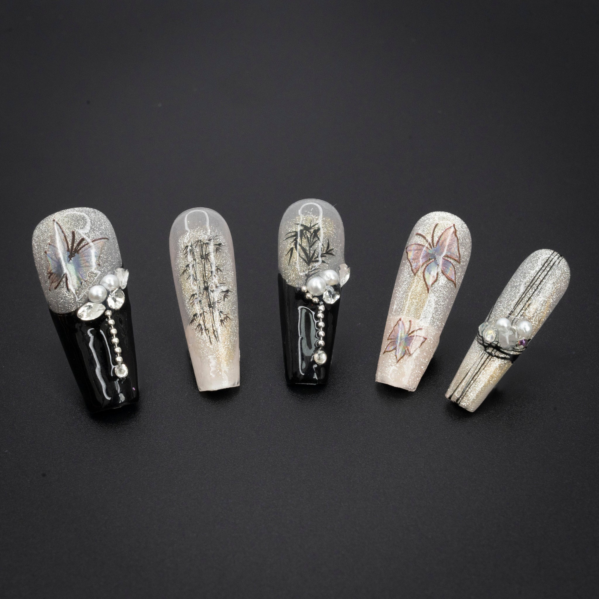 "Ink Bamboo" Luxury Pearl Oriental Bamboo Butterfly Press-On Nails - Coffin Nails