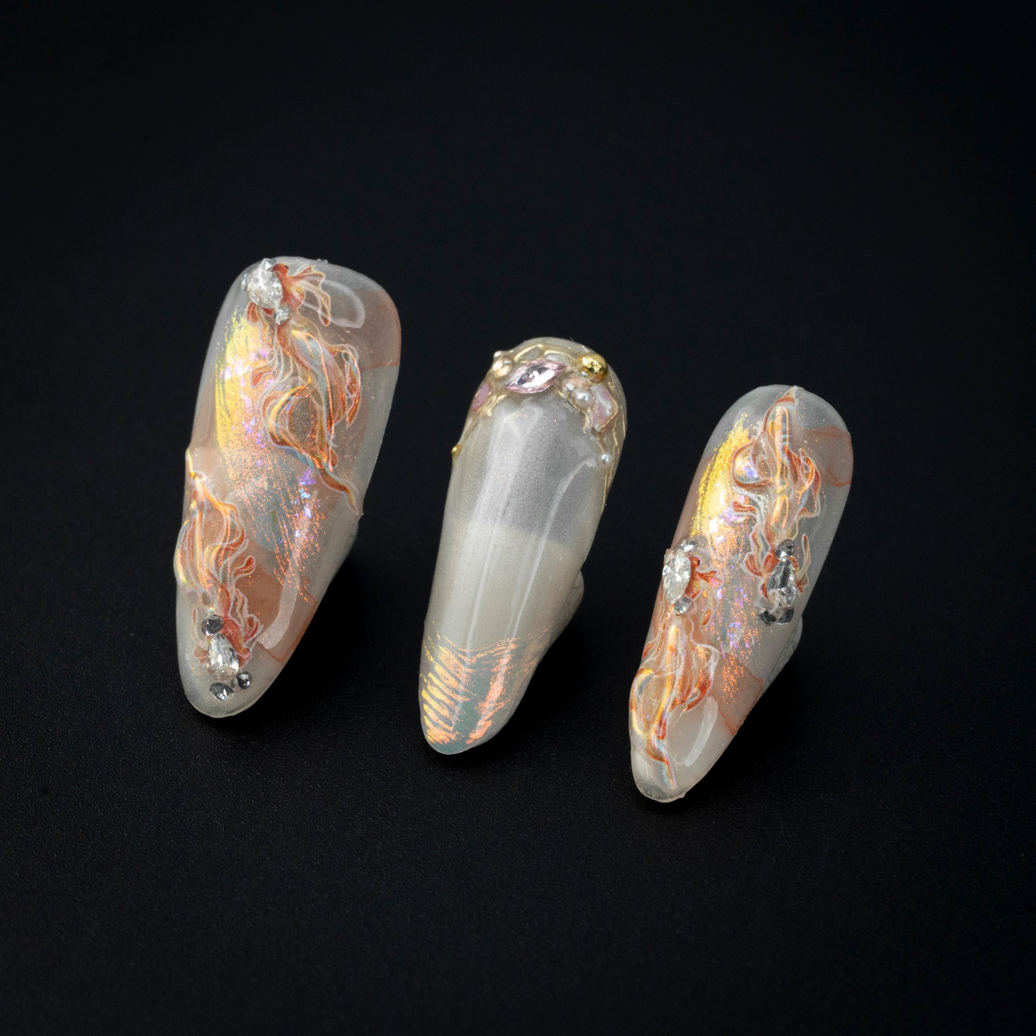 "Iridescent Koi" Iridescent 3D Floral Press-On Nails - Almond Nails