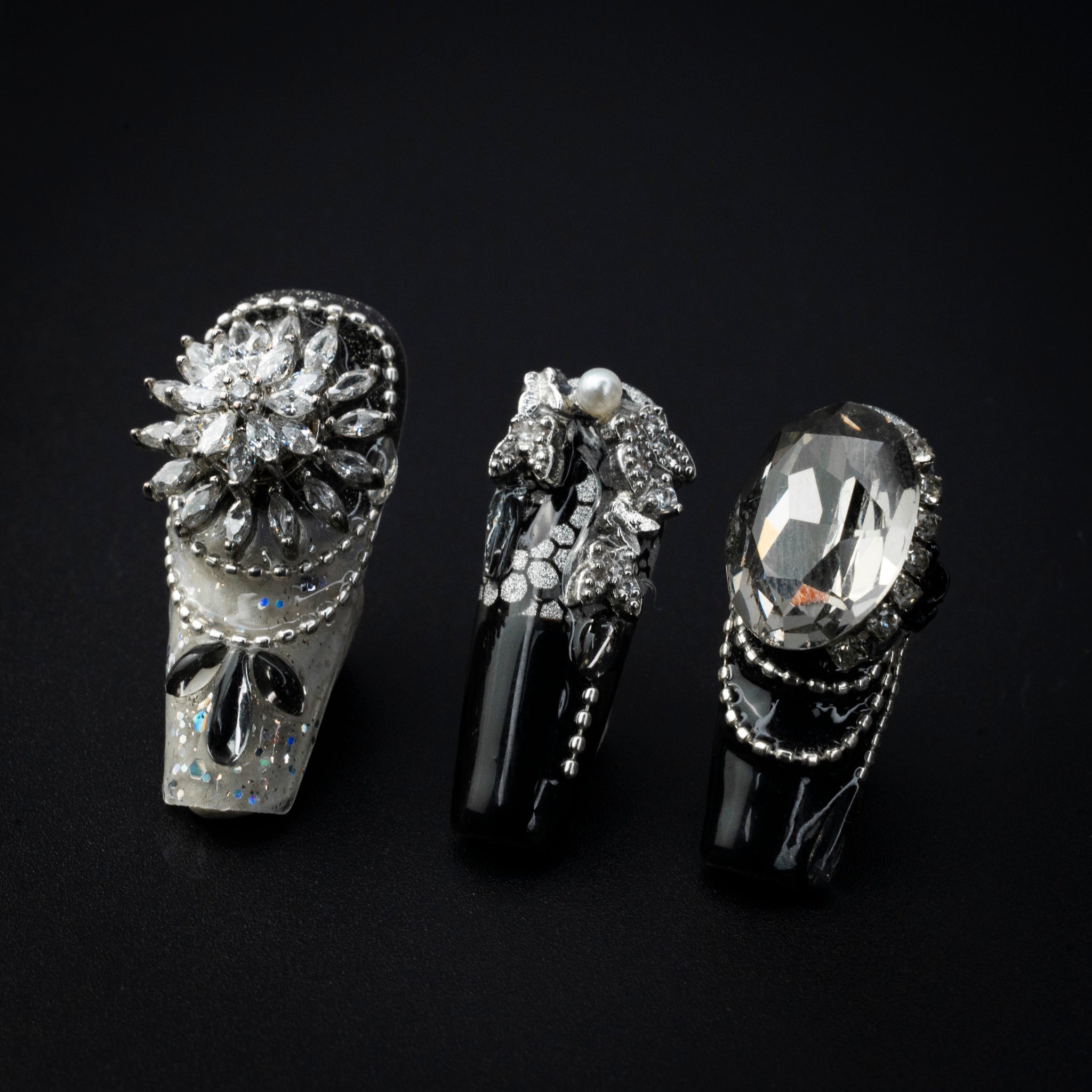 "Midnight Couture" Luxury Black Silver Rhinestone Press-On Nails - Coffin Nails