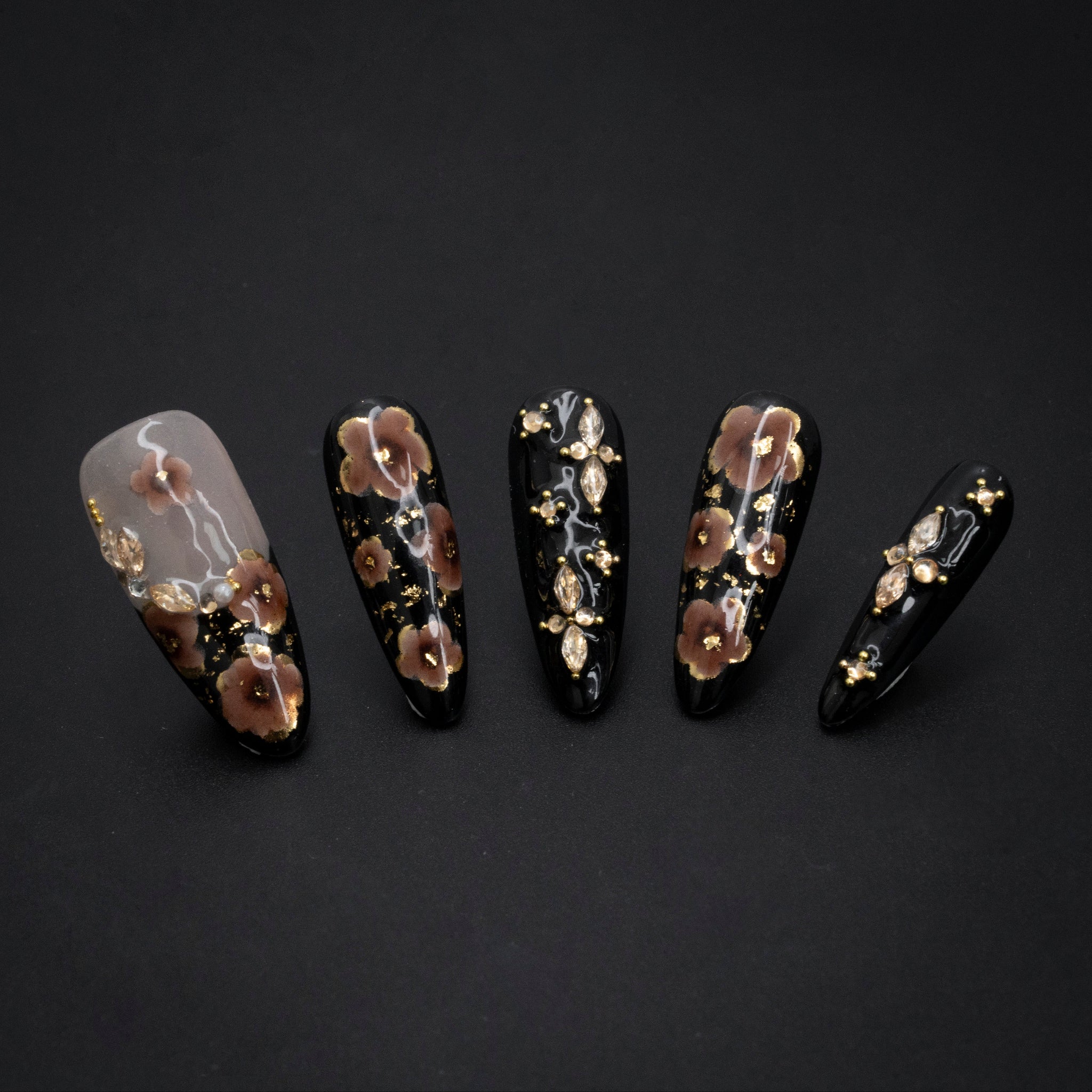 "Nocturnal Bloom" Luxury Floral Gilded Press-On Nails - Almond Nails