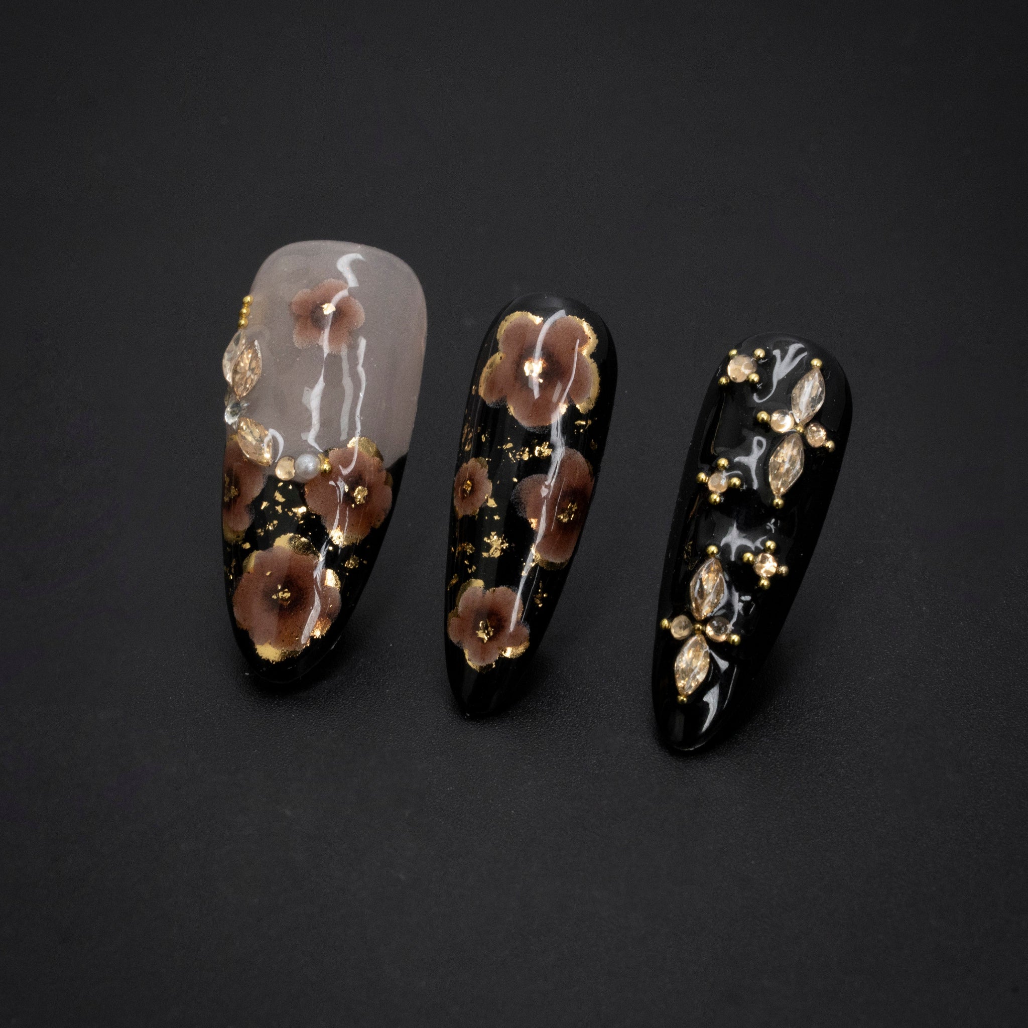 "Nocturnal Bloom" Luxury Floral Gilded Press-On Nails - Almond Nails