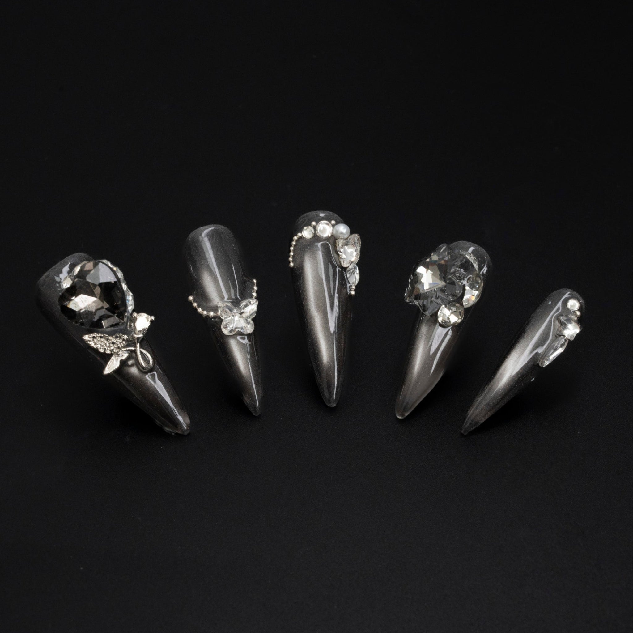 "Nocturnal Court" Luxury Black Crystal Press-On Nails - Stiletto Nails