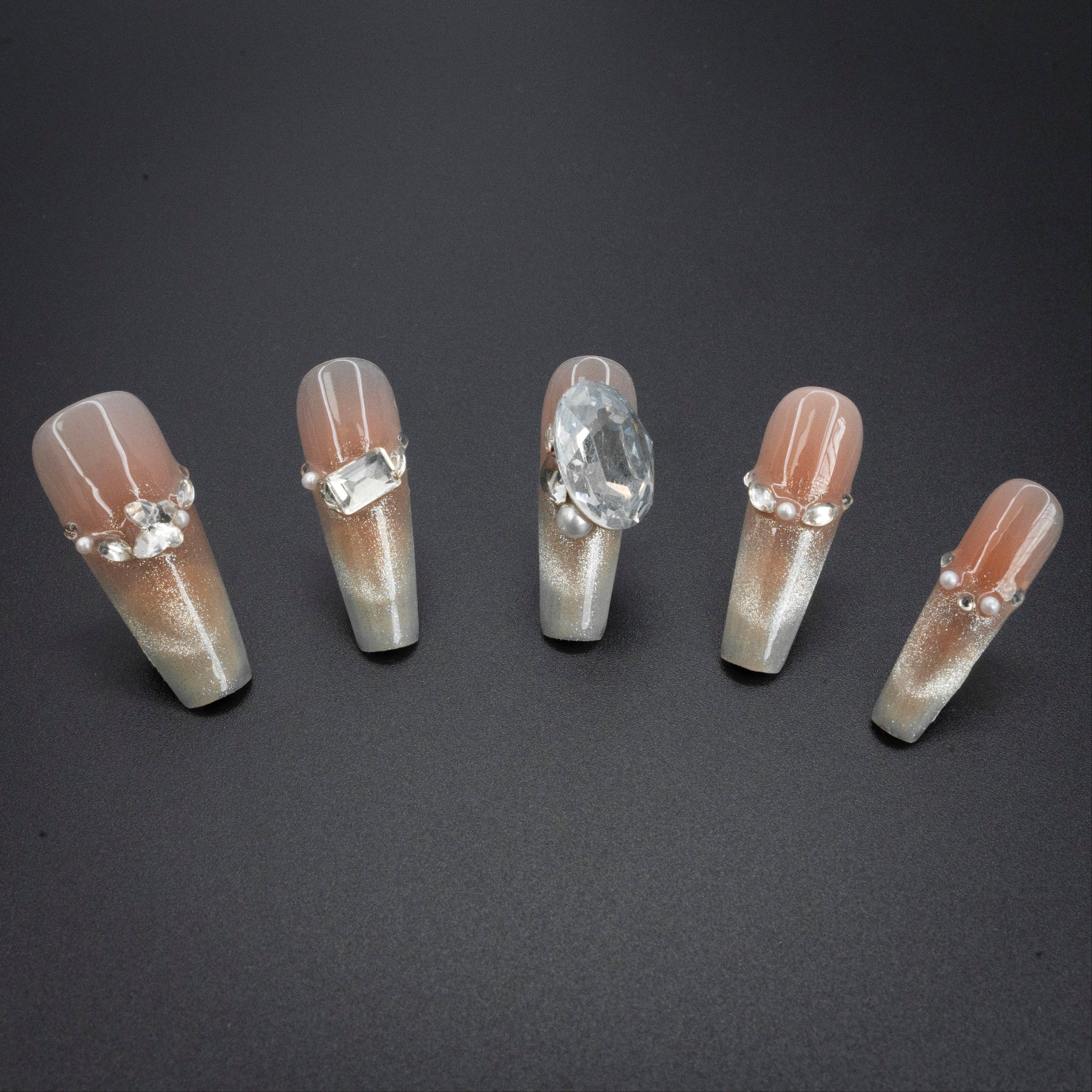 "Paris Glam" Luxury Gem Pearl Ombre Press-On Nails - Coffin Nails