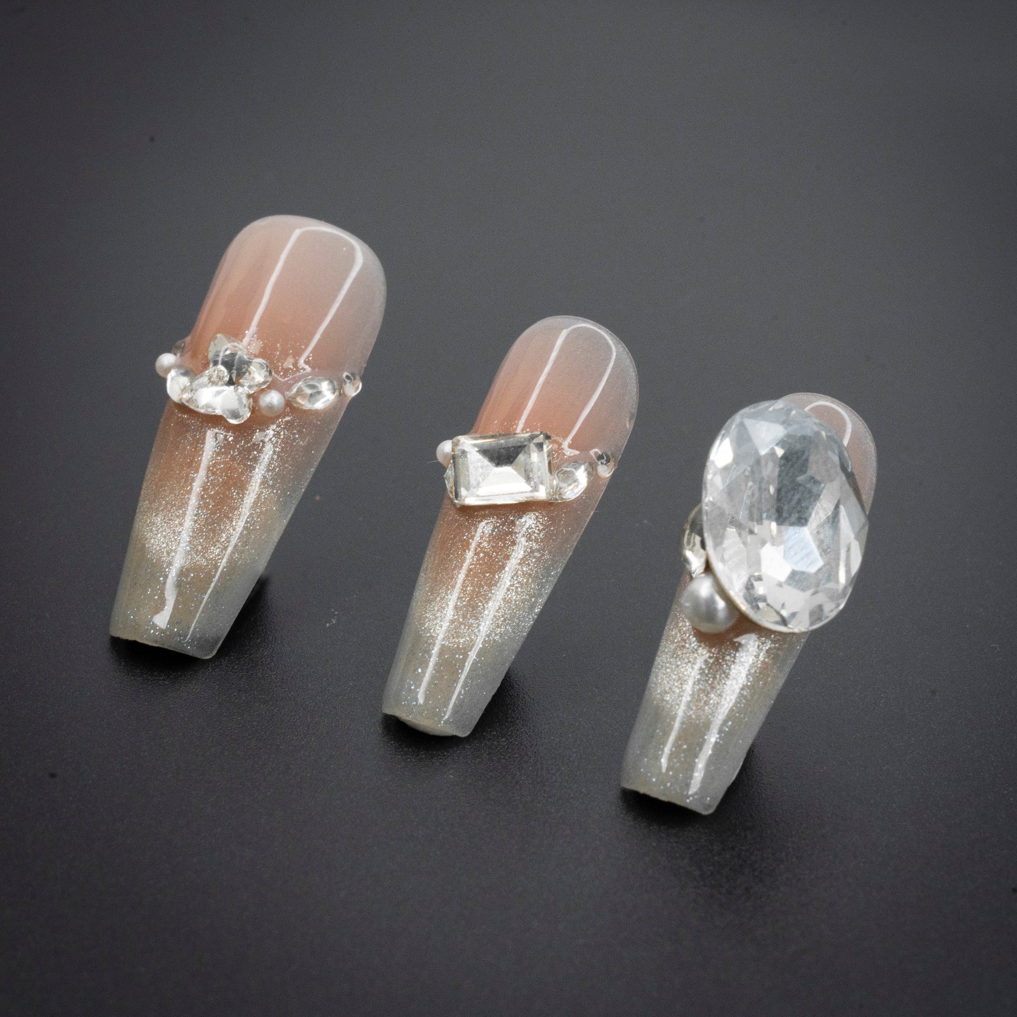 "Paris Glam" Luxury Gem Pearl Ombre Press-On Nails - Coffin Nails