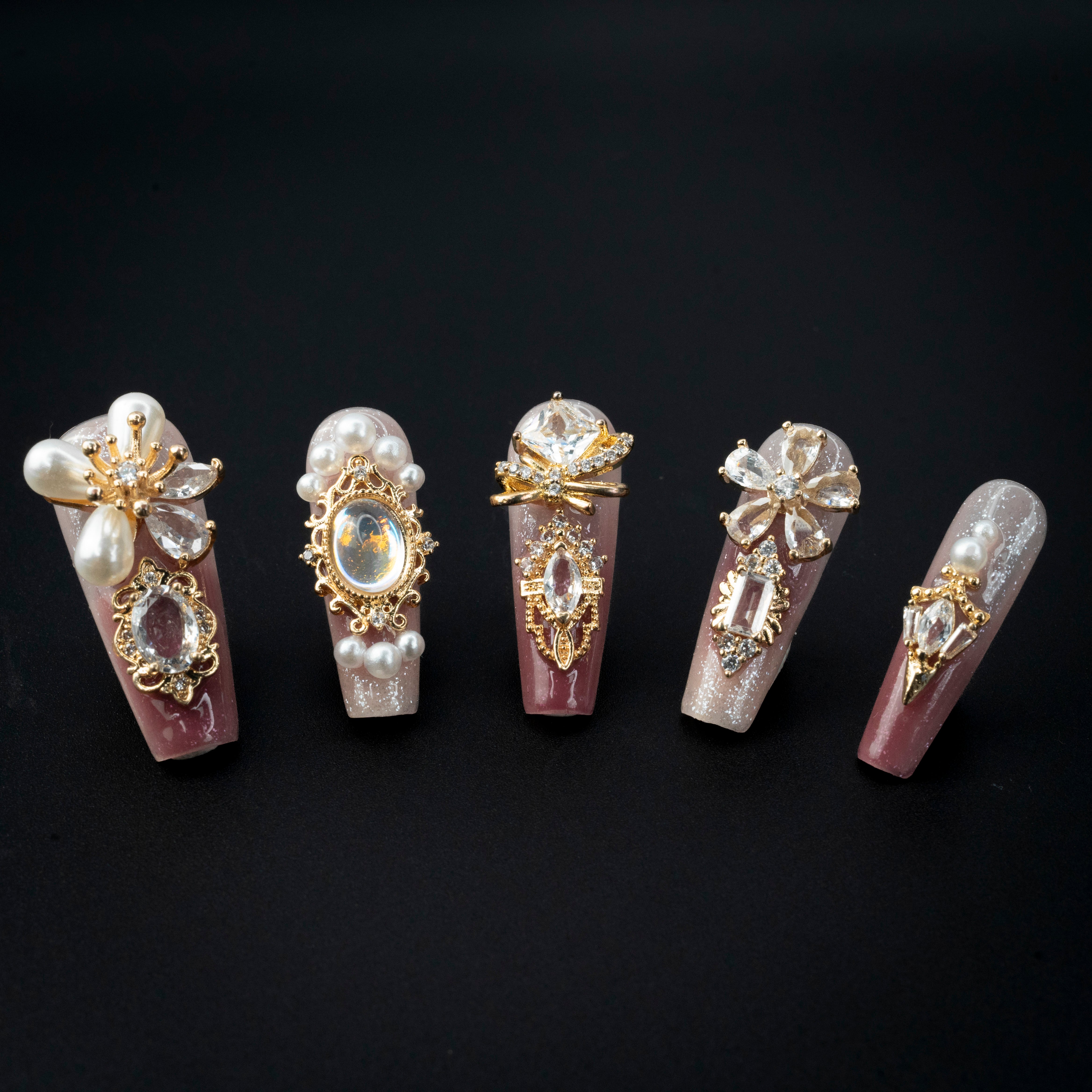 "Pearl Court" Luxury Pink Gold Pearl Jewel Press-On Nails - Coffin Nails