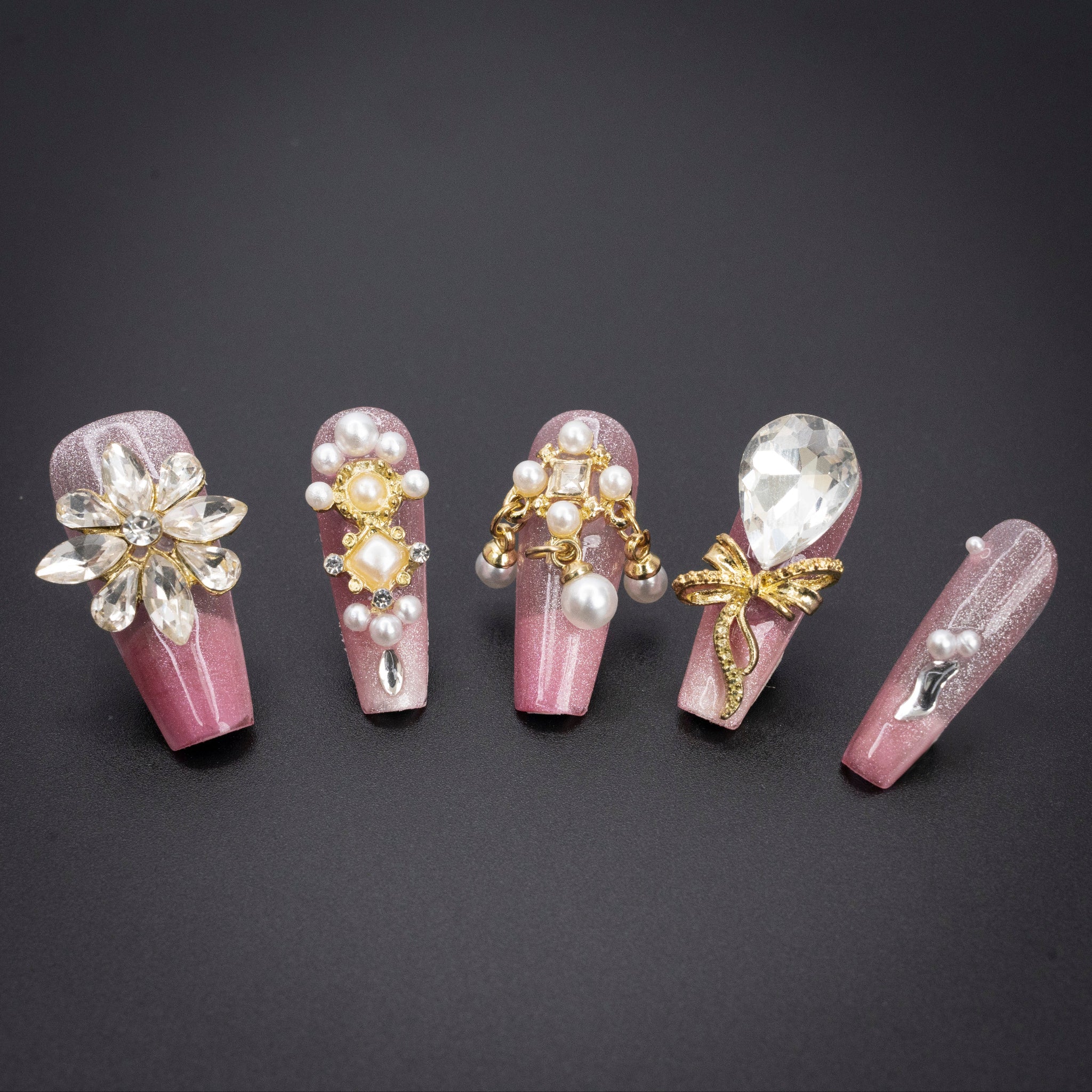 "Pearl Crown" Luxury Crystal Pink Gold Glitter Press-On Nails - Coffin Nails