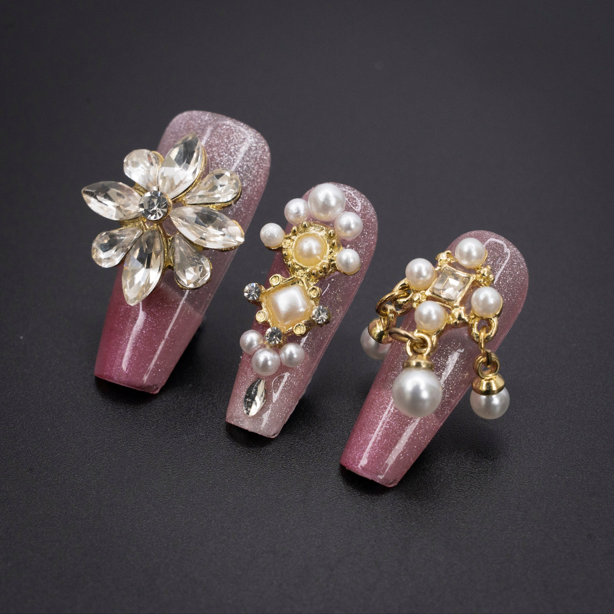 "Pearl Crown" Luxury Crystal Pink Gold Glitter Press-On Nails - Coffin Nails