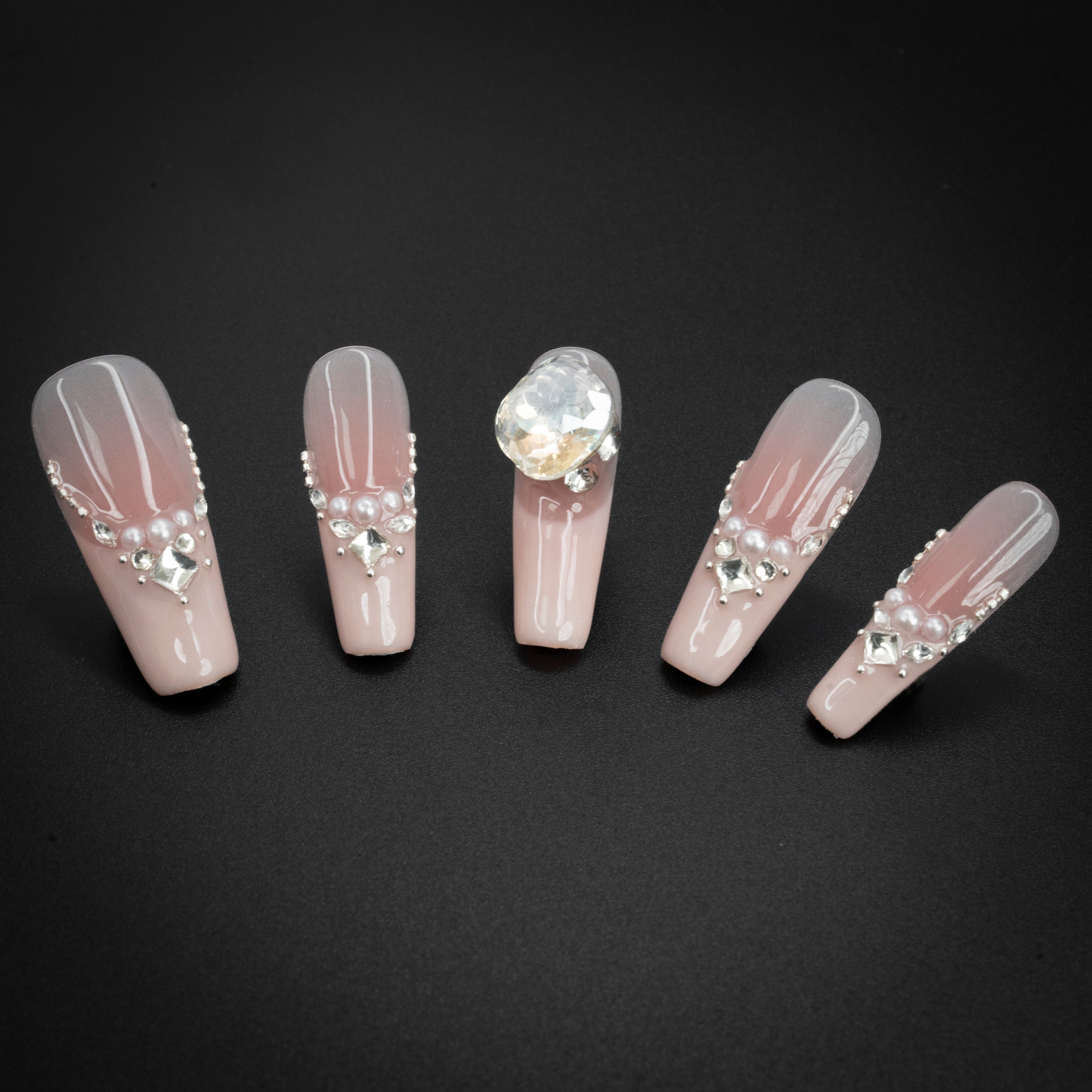 "Pearl Essence" Pink Luxury Elegant Gem Press-On Nails - Coffin Nails