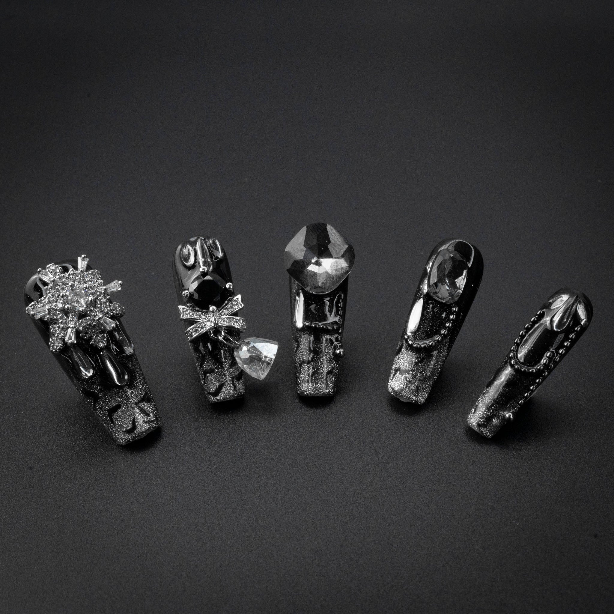 "Riot Rock" Gothic Punk Black Rhinestone Press-On Nails - Coffin Nails