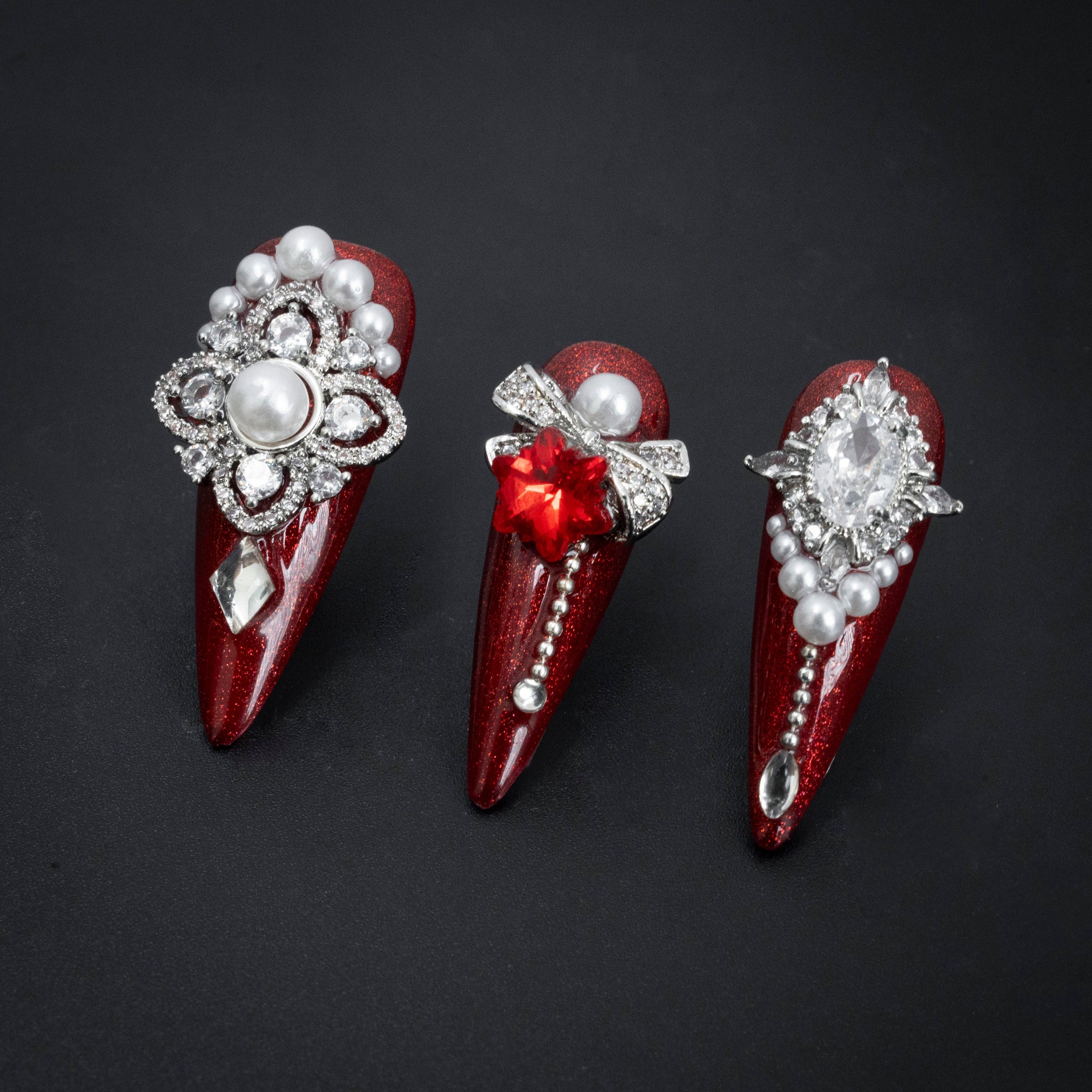"Ruby Coronation" Red Luxury Jeweled Press-On Nails - Stiletto Nails