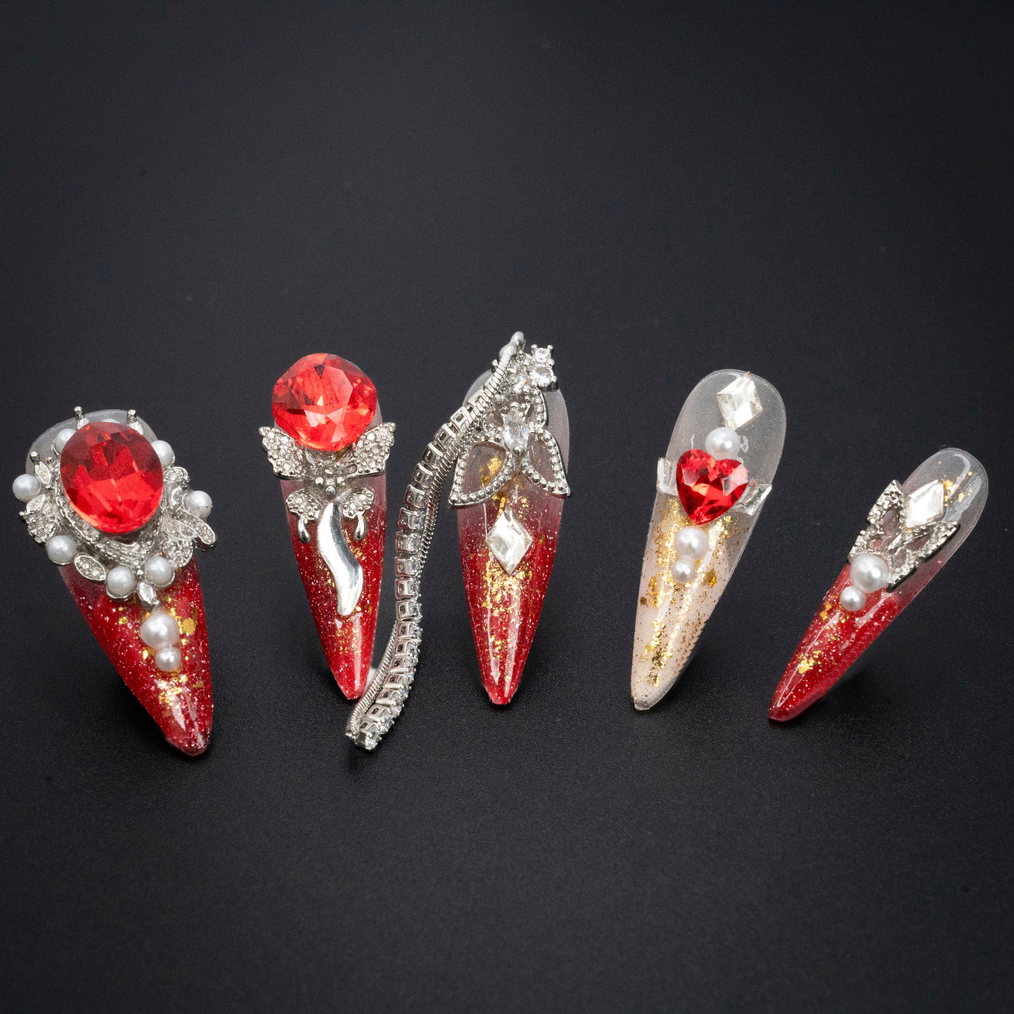 "Ruby Diadem" Luxury Pearl Red Gem Press-On Nails - Stiletto Nails