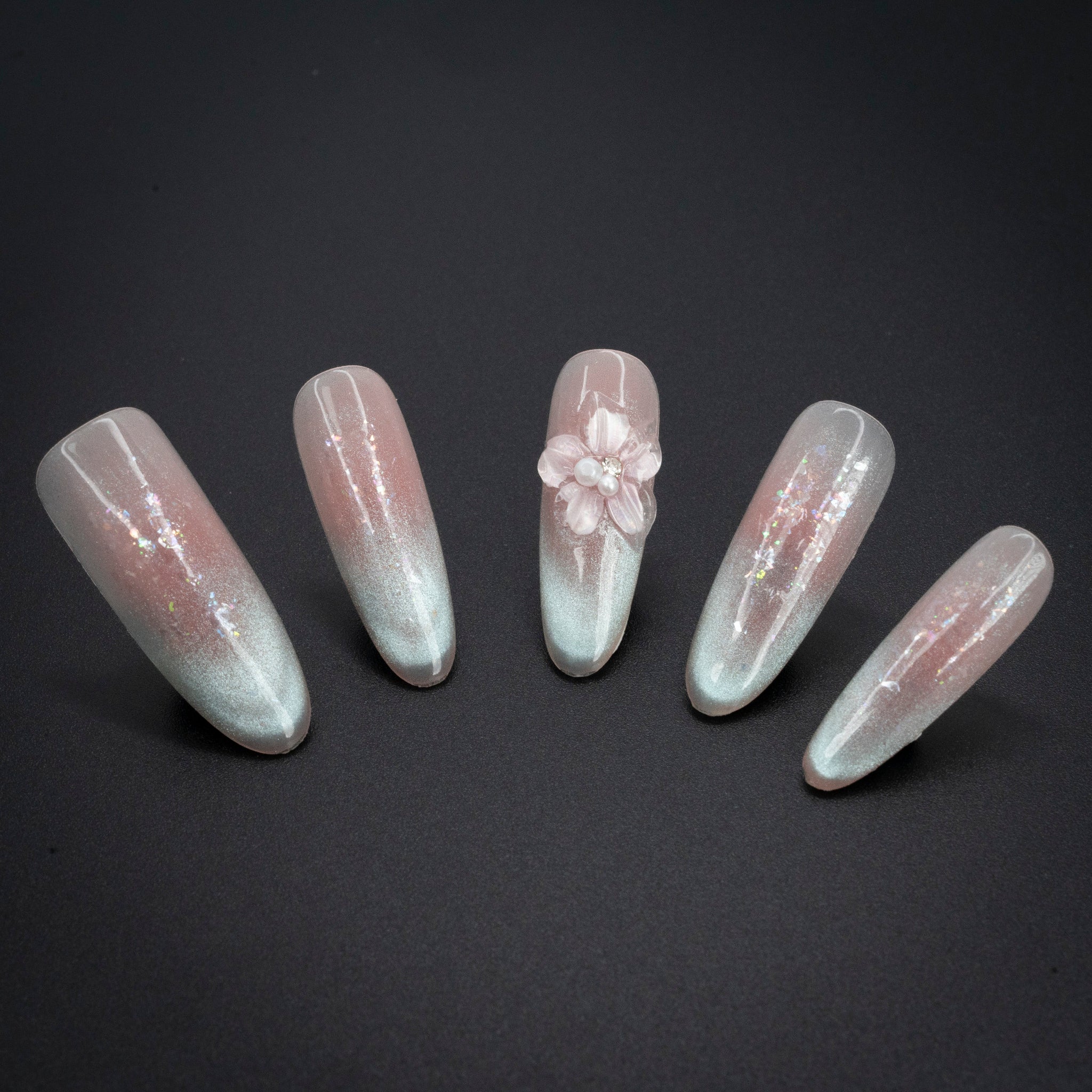 "Soft Haze" Luxury Floral Pink Ombre Press-On Nails - Almond Nails