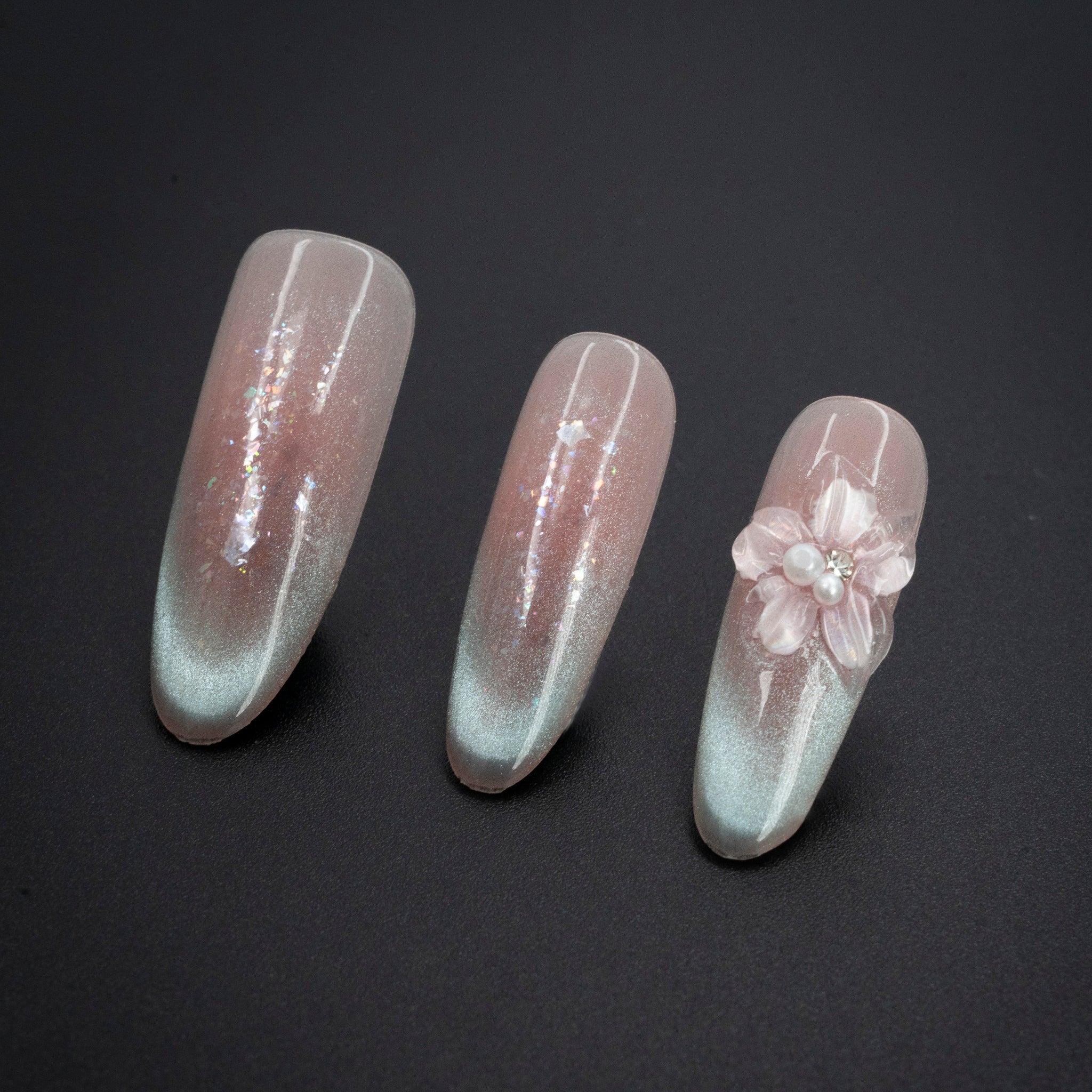 "Soft Haze" Luxury Floral Pink Ombre Press-On Nails - Almond Nails