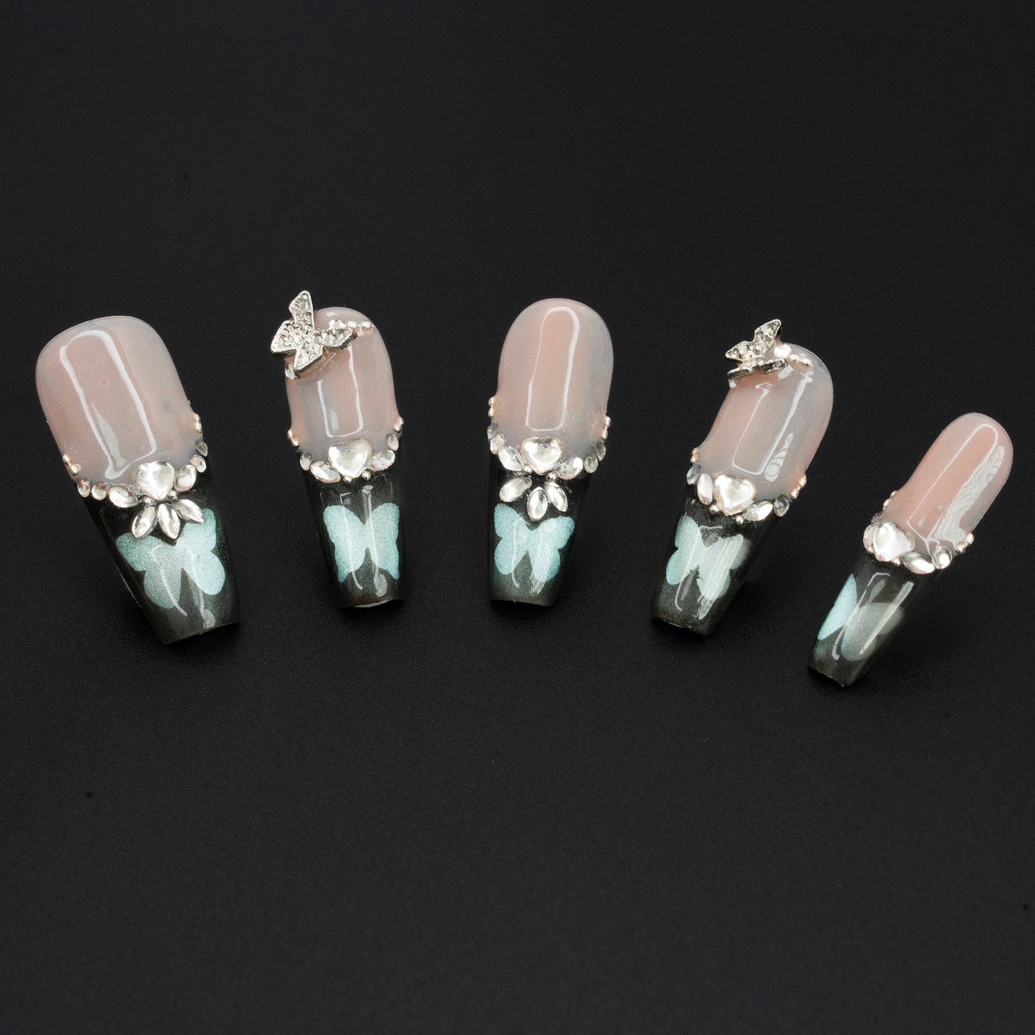 "Sweetness Adorned" Luxury Nude Gradient Butterfly Press-On Nails - Coffin Nails