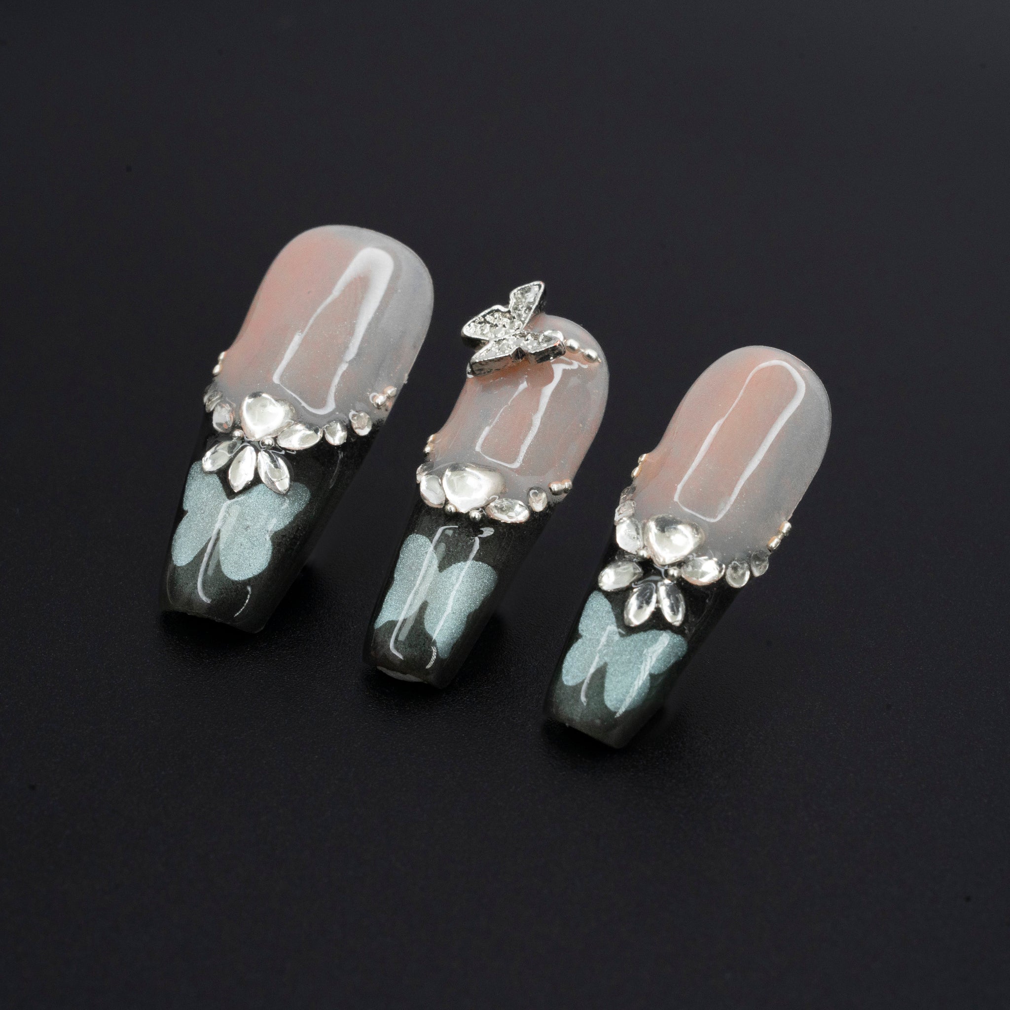 "Sweetness Adorned" Luxury Nude Gradient Butterfly Press-On Nails - Coffin Nails