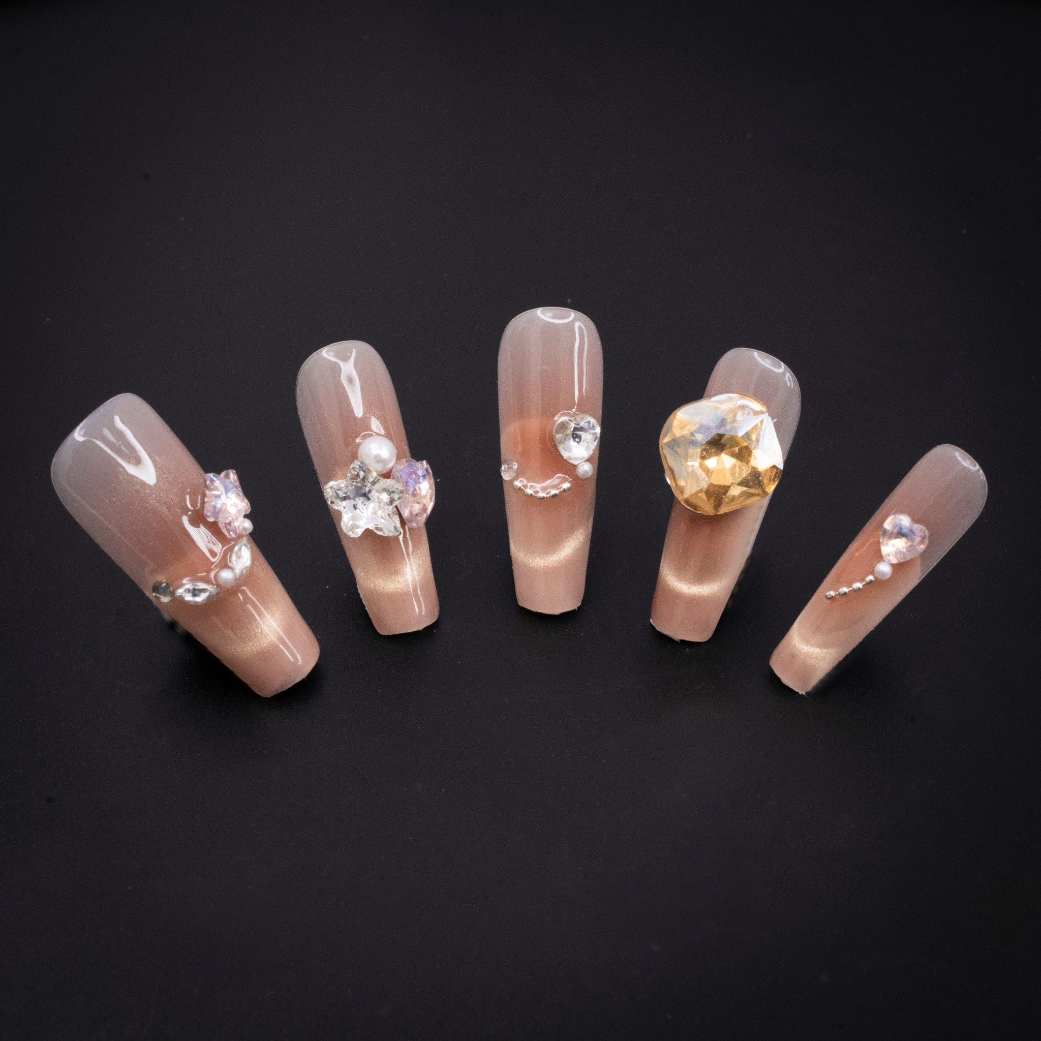 "Tawny Crystal" Luxury Gem Star Pearl Nude Press-On Nails - Coffin Nails