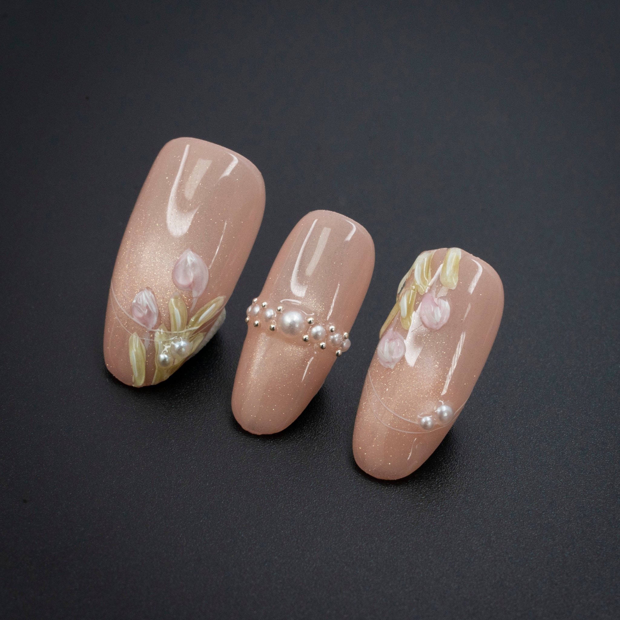 "Tulip Pearl" Nude Floral Pearl Press-On Nails - Rounded Nails
