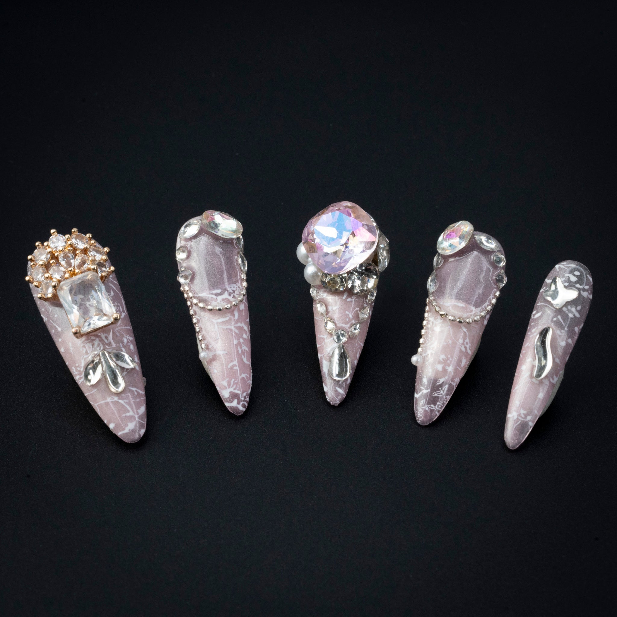 "Violet Aura" Pink Jewel Chain 3D Floral Press-On Nails - Stiletto Nails