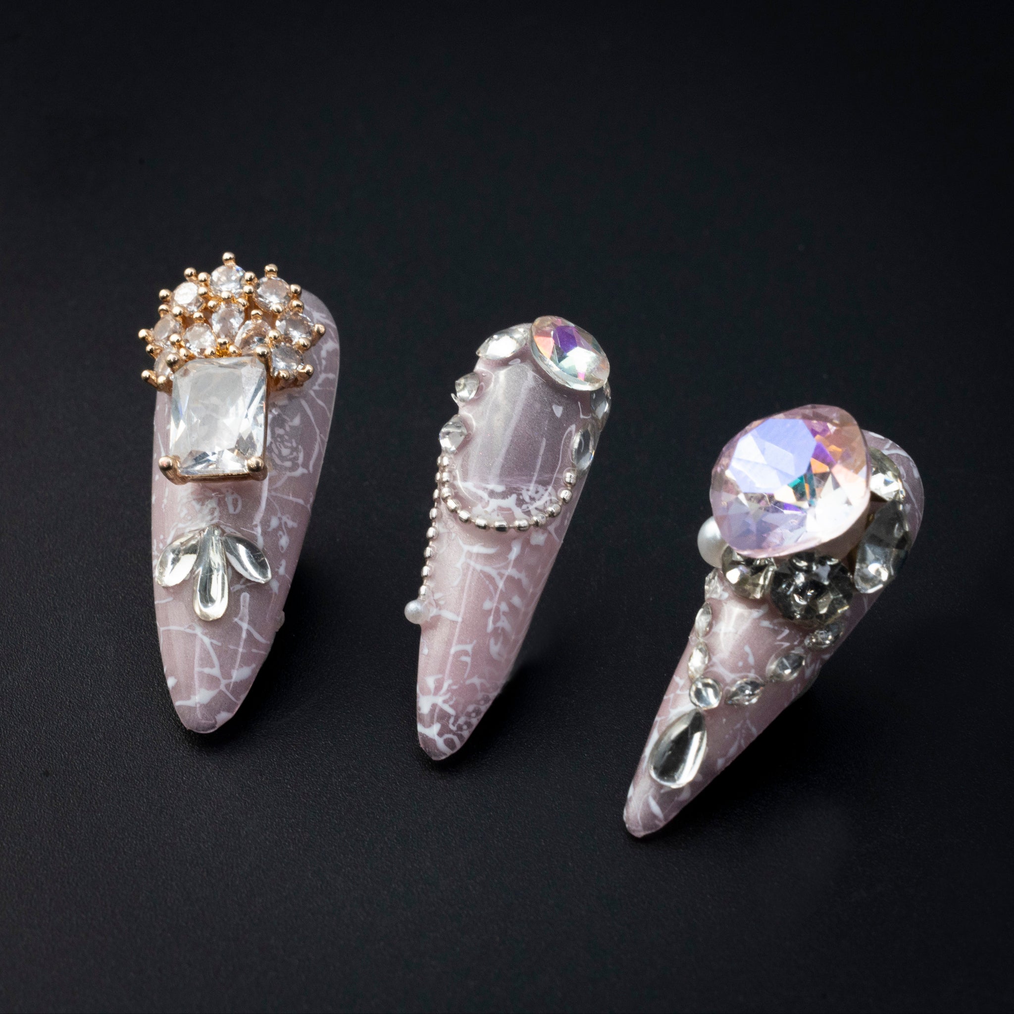 "Violet Aura" Pink Jewel Chain 3D Floral Press-On Nails - Stiletto Nails