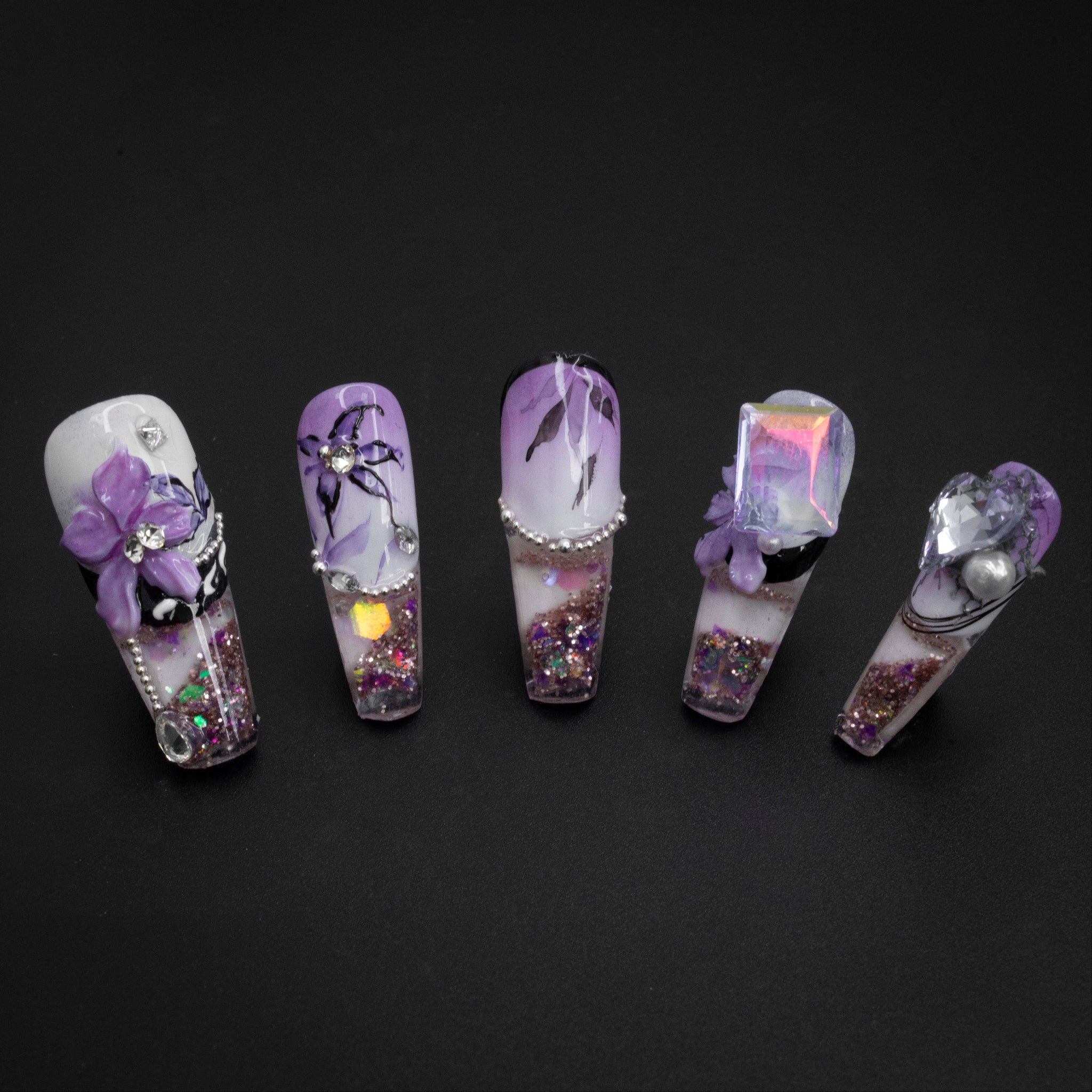 "Dewdrop Blooms" Luxury 3D Flower Gem Purple Press-On Nails - Coffin Nails