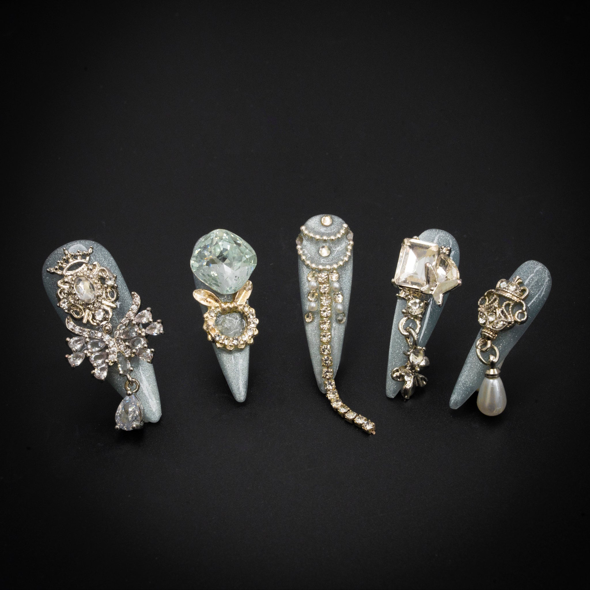 "Winter Light" Sage Green Jeweled Press-On Nails - Stiletto Nails